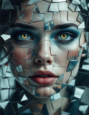 The primary subject of the image is a woman with blue eyes, who is wearing a blue eye shadow. She is surrounded by a collage of mirrors, creating a visually striking and artistic effect. The setting is a room with a mirrored surface, and the visual style is a combination of digital art and illustration. The colors and mood of the image are predominantly blue, creating a calm and serene atmosphere.